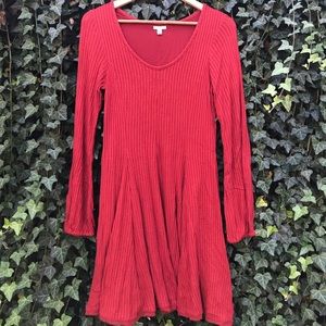 Ecote Red Long Sleeve Ribbed Skater Dress from UO
